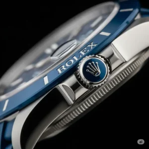 Detailed close-up of the crown and side of a blue Rolex watch, emphasizing the intricate craftsmanship and signature branding.