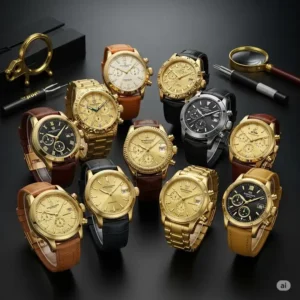 An impressive collection of diverse men's gold wrist watches, featuring different styles and designs.