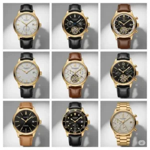 Collection of diverse male gold watches, showcasing various styles, movements, and dial designs to suit different preferences.