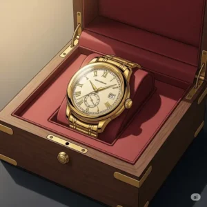 Illustration of a gold vintage watch men's presented in a luxurious vintage watch box, ideal for collectors.