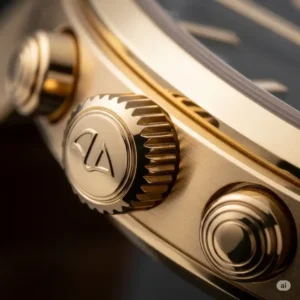 Macro shot of a watch's gold crown and pushers, showcasing the precise knurling and detailing, emphasizing how even small elements contribute to the luxurious feel of gold in watches.