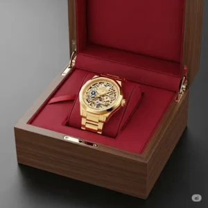 Illustration of a solid gold wrist watch presented in a luxurious gift box, symbolizing premium quality and ideal for special occasions.