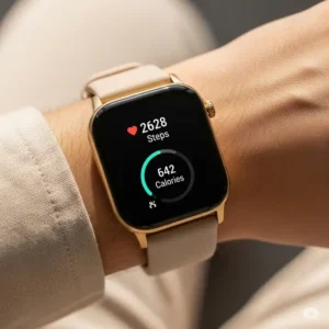 Modern golden smartwatch on a wrist, displaying fitness metrics, blending luxury with technology.