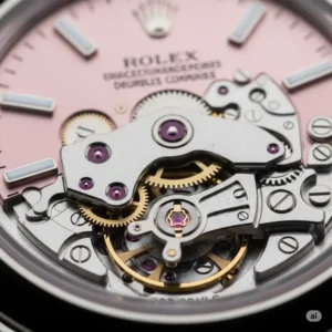 Intricate details of a pink faced Rolex watch's movement and craftsmanship.