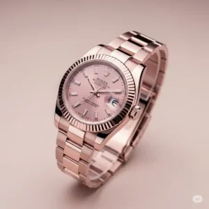 Artistic representation of a pink Rolex watch, emphasizing its timeless beauty and design elements.