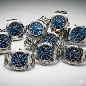 A group shot of several popular Rolex watches, all featuring a beautiful rolex watch blue face, showcasing the variety of designs.