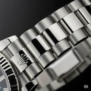 "Intricate detail shot of a rolex watch bracelet showcasing its impeccable finish and the exceptional craftsmanship behind every link."
