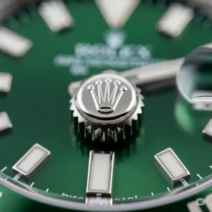 "Close-up of the winding crown on a green dial rolex watch, featuring the iconic Rolex crown logo and knurled edges for easy grip."