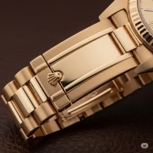 A detailed view of the iconic President bracelet on a rolex gold watch for men, emphasizing its semi-circular three-piece links and concealed Crownclasp. This bracelet signifies the supreme quality of Rolex gold watches.