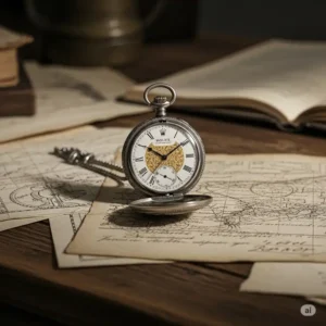  vintage rolex pocket watch placed on an old wooden desk with historical documents, evoking a sense of its rich heritage.