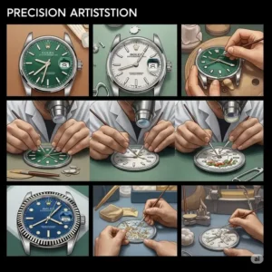 "rolex watch dial conceptual illustration of the meticulous manufacturing process."