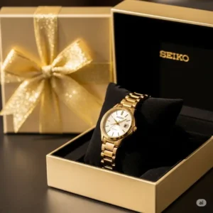 A Seiko golden watches for women model presented as a gift, symbolizing luxury and thoughtfulness for a special occasion.