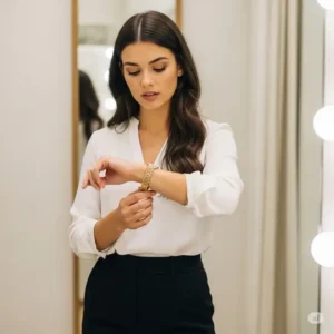 A woman in the process of accessorizing her outfit with a stylish slim gold watch, demonstrating how it completes her sophisticated look.