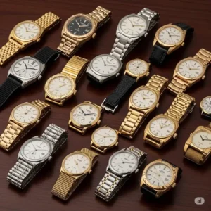 Assortment of watch gold and silver, showcasing diverse styles and designs available for collectors.