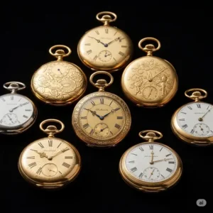 A group of various antique gold pocket watches, demonstrating the diverse styles and designs available to collectors.