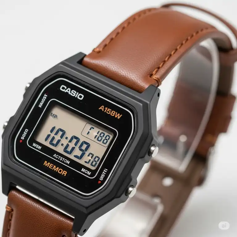 A close-up shot showing a successful casio watch strap replacement with a new leather strap.