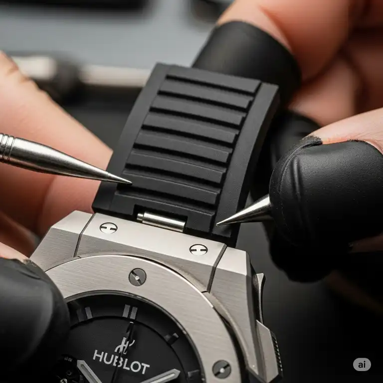 A professional shot of a new black rubber Hublot Big Bang watch bands replacement being installed on a titanium case.
