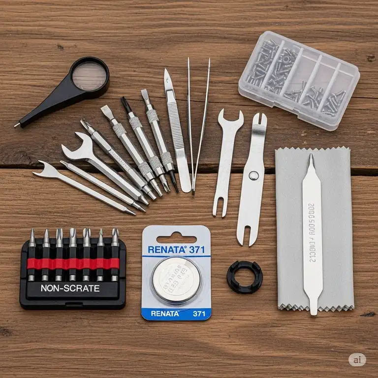 A complete battery watch replacement kit laid out on a wooden table, showing all the tools and a new watch battery.