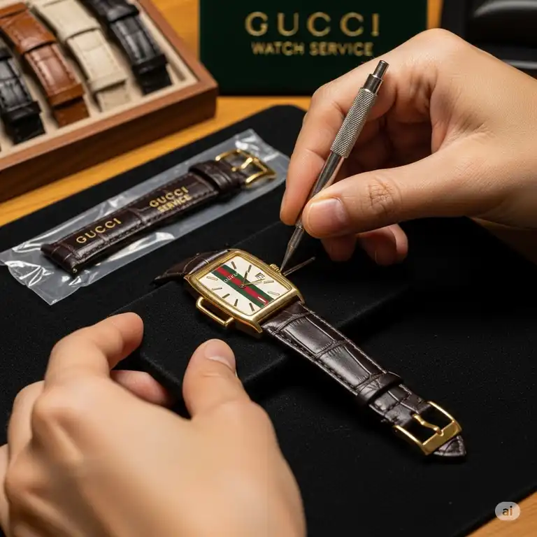 A person's hand carefully replacing a worn leather band on a classic Gucci watch, illustrating a professional Gucci watch band replacement service.