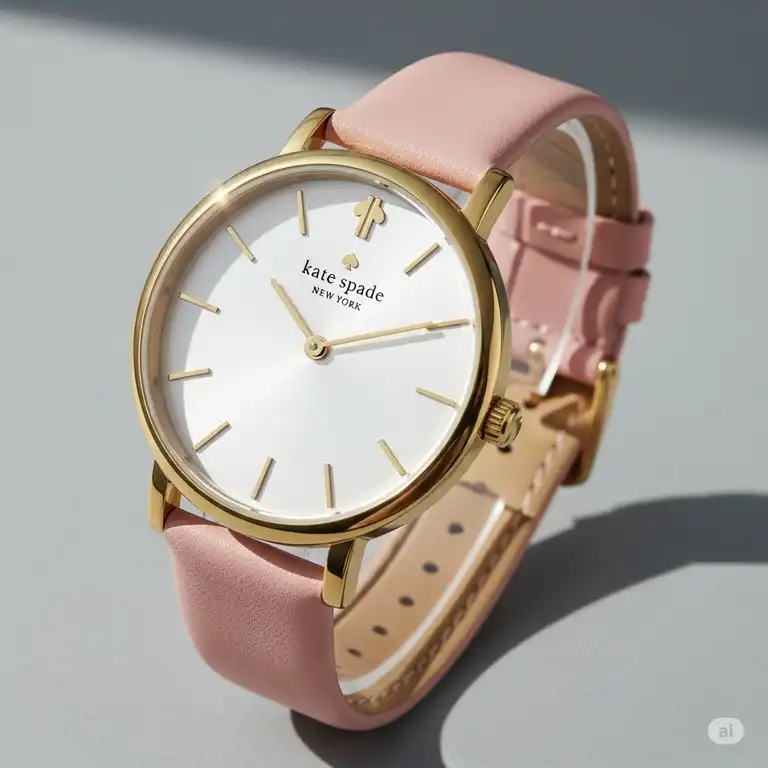 A stylish gold Kate Spade watch with a new, blush pink leather band, highlighting the ease of replacing the old one. This is a great example of a kate spade watch band replacement.
