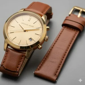 A close-up shot of a Michael Kors watch strap replacement, placed on a clean surface beside a brand-new, genuine leather strap.