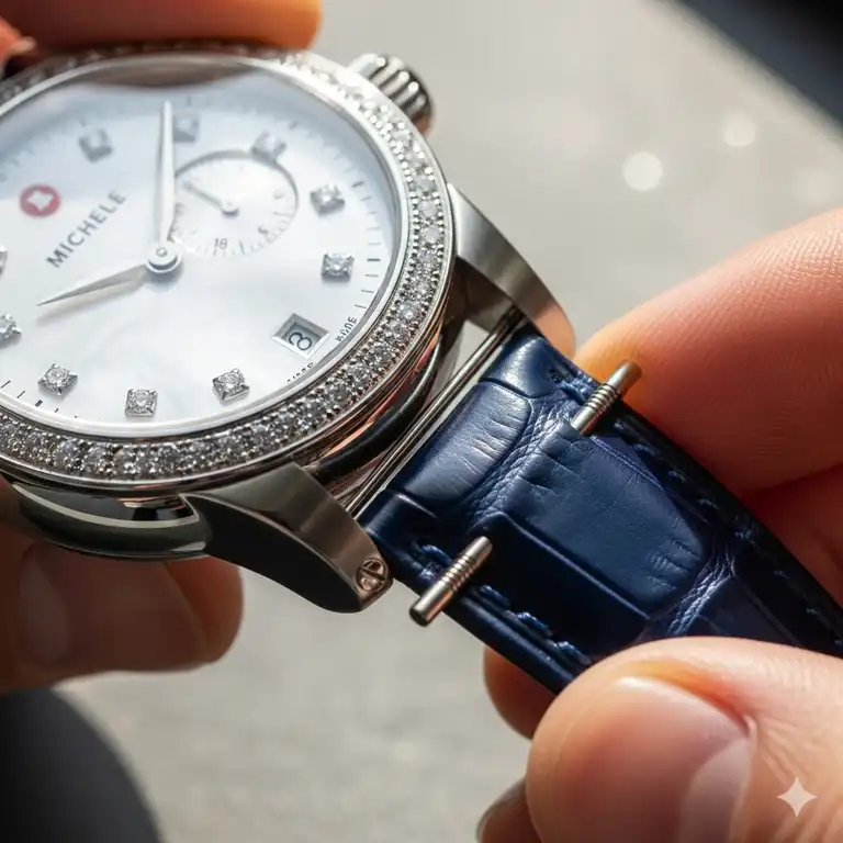 A close-up shot of a stylish Michele watch with its Michele watch band replacement being performed, showcasing the intricate details of the watch face and the new band.