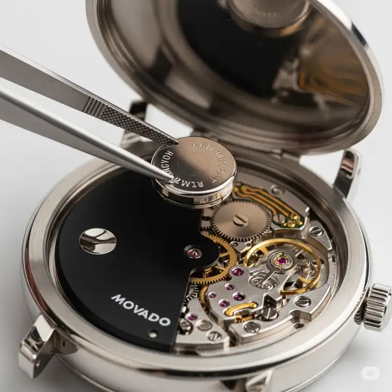A close-up shot of a Movado watch with the back case open, showing the small battery being held by a pair of precision tweezers for movado watch battery replacement price.