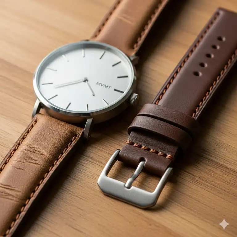 A close-up shot of an MVMT watch with its old leather mvmt watch strap replacement ready to be installed.