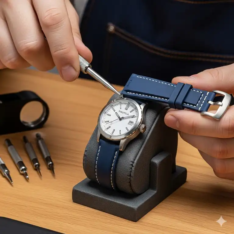 A close-up shot of a professional replacing a Nautica watch strap replacement with a new one.
