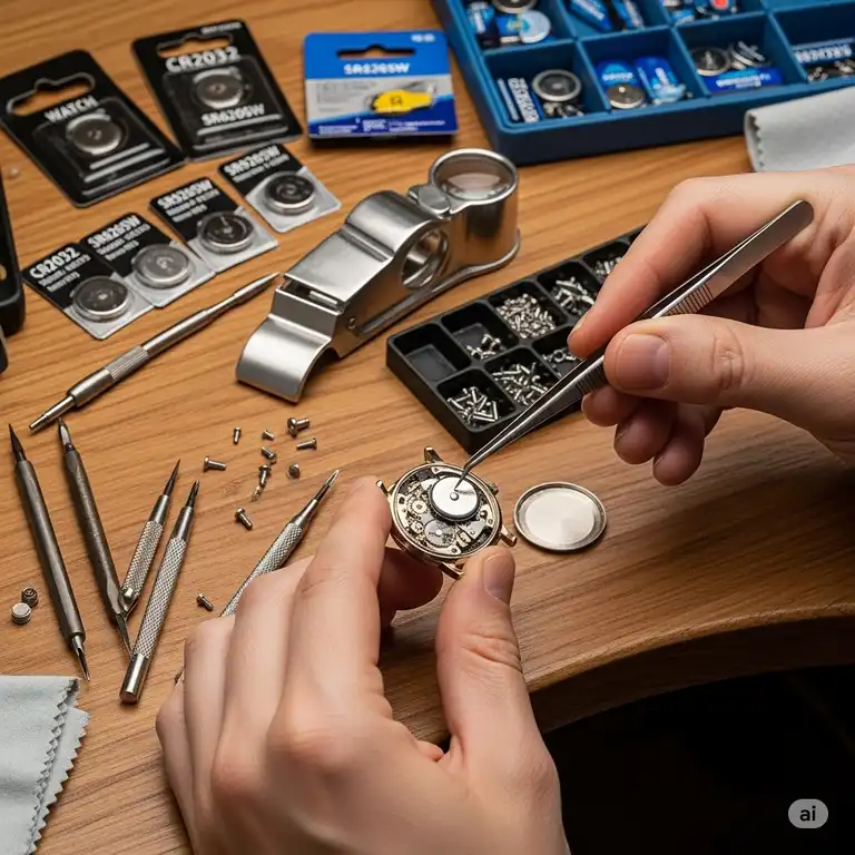 A close-up of a jeweler's hands carefully performing a **price for watch battery replacement** with various tools visible on a workbench.