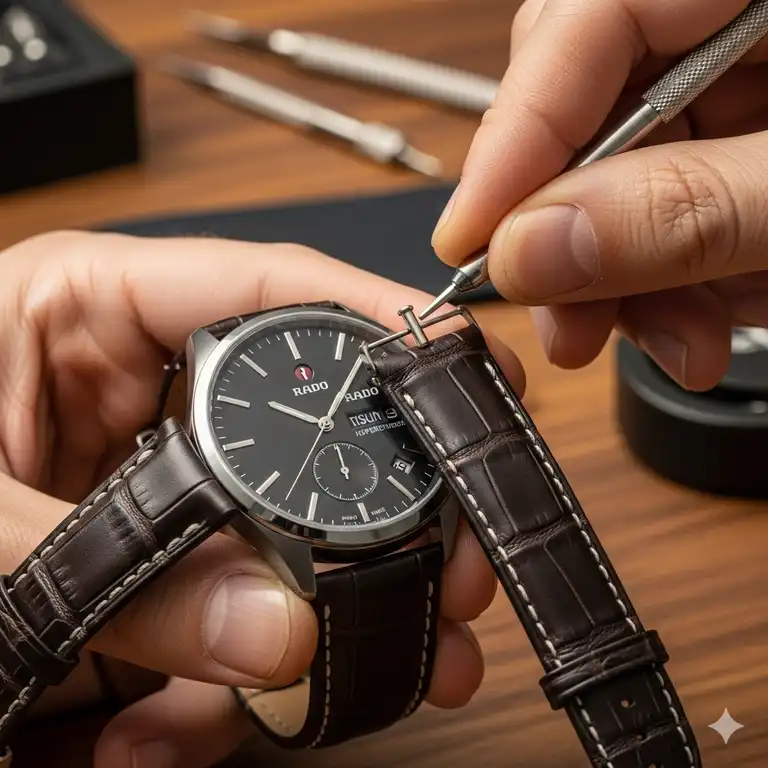 A person is performing a rado watch band replacement with a new one.