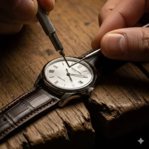 A close-up shot of a professional performing Raymond Weil watch strap replacement on a Toccata timepiece, highlighting the intricate detail of the leather and the tools being used. This image demonstrates the precision required for a perfect fit.
