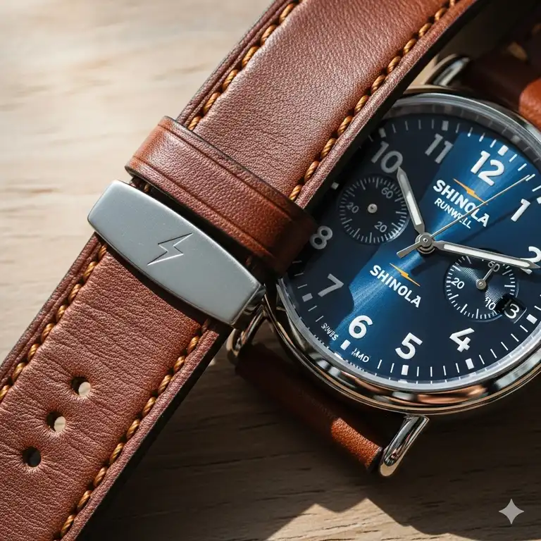 A close-up of a Shinola watch featuring a new leather strap, highlighting the quality and craftsmanship of a recent Shinola watch strap replacement.