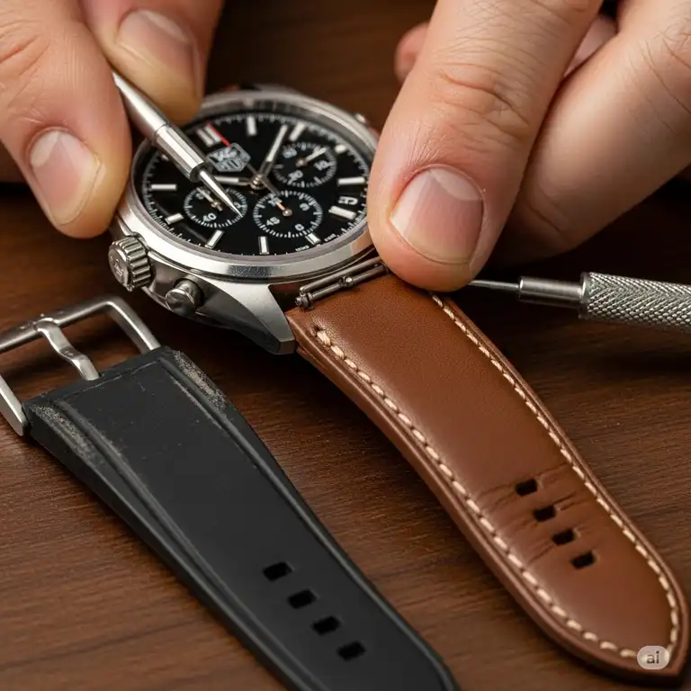 A close-up shot of a person's hands replacing a worn-out tag heuer watch band replacement with a brand new, genuine leather strap. The image highlights the detailed process and the high-quality materials of the new band.