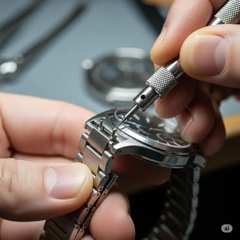 A person using a tool for watch band pin replacement.