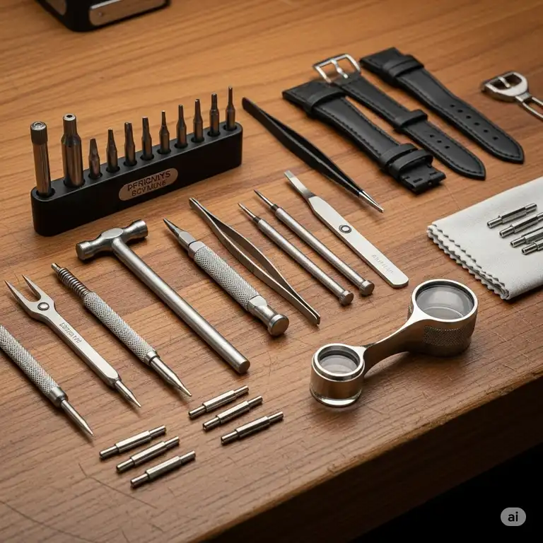 A complete watch band replacement tool kit laid out on a workbench, with all the tools needed for watch band replacement.