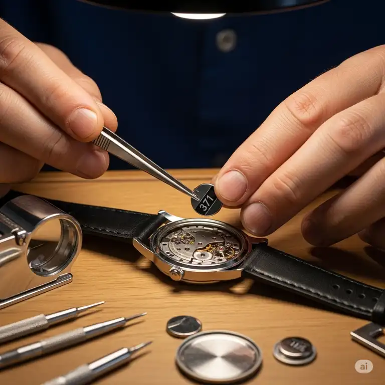 A close-up shot of a watchmaker's hands carefully performing a watch battery 371 replacement, showcasing the tools and the tiny battery.