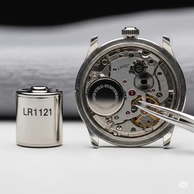 A new replacement for watch battery lr1121, the perfect replacement for a dead battery, lying next to a watch to illustrate its size and common use.