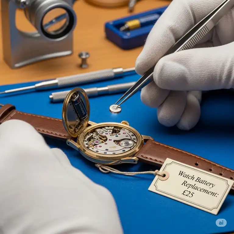 A close-up shot of a professional watchmaker's hands carefully replacing a battery in a classic analog watch, illustrating the service for watch battery replacement cost.