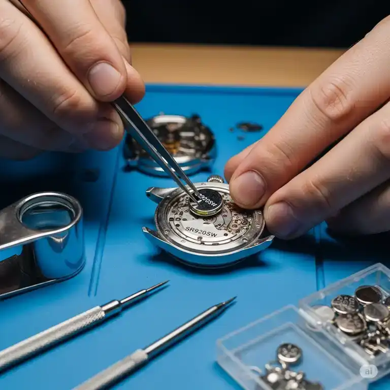A detailed view of a professional performing a watch battery replacement sr920sw. The image shows the new battery being placed in the watch movement.