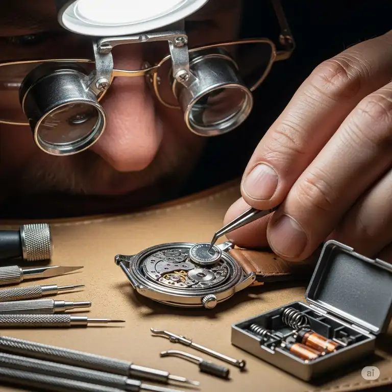 "Close-up of a skilled watchmaker carefully replacing a battery in a wrist watch, illustrating the typical wrist watch battery replacement cost process."