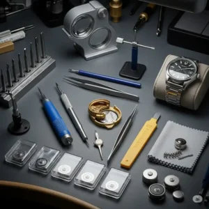 A collection of specialized watchmaking tools used to service a Bulova watch, essential equipment for a successful Bulova watch battery replacement cost estimation.