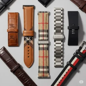 A collection of different Burberry watch band styles and materials, including leather, canvas, and metal.
