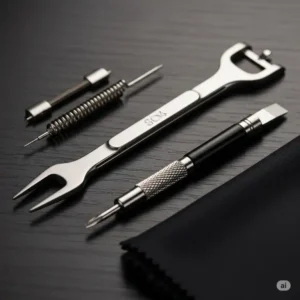 Essential tools for a casio watch strap replacement, including a spring bar remover and a small screwdriver.