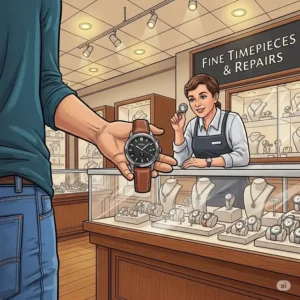 A person handing over their Fossil watch to a professional jeweler, illustrating the in-store option for fossil watch battery replacement cost.