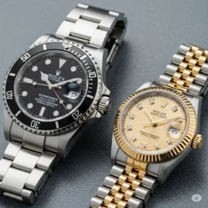 Close-up shot of a classic men's Rolex Submariner and an elegant women's Rolex Datejust, showcasing the perfect pairing for his and hers Rolex watches.