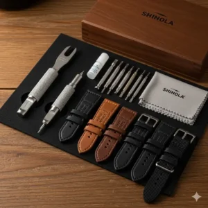 A kit of tools needed for Shinola watch strap replacement, including a spring bar tool, screwdrivers, and replacement bands.