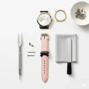 The essential tools needed for a DIY Kate Spade watch band replacement, including a spring bar tool and new watch strap.