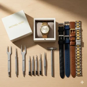 A set of essential tools for Michael Kors watch strap replacement, including a spring bar tool and a small screwdriver.