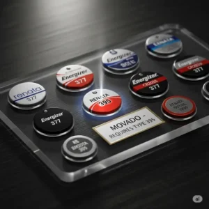 A collection of different watch batteries on a tray, highlighting the specific type needed for a Movado watch for movado watch battery replacement price.